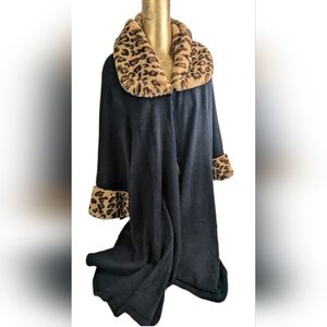 Black Sweater Cape Wrap Poncho With Leopard Trim One Size